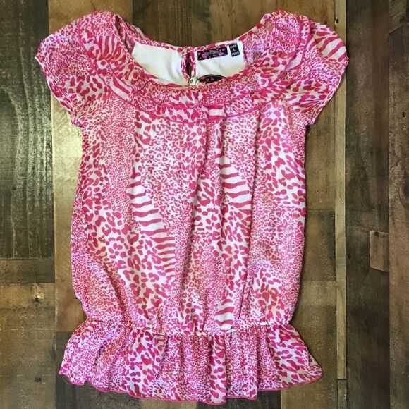 Tempted Blouse Pink White Animal Print Ruffled Layered Scoop Neck Large Girls - Picture 5 of 12